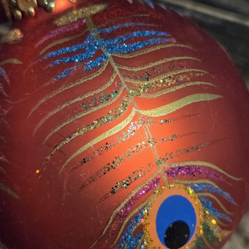 Peacock Feather Glass Ball Christmas Tree Ornament Red Glitter 3